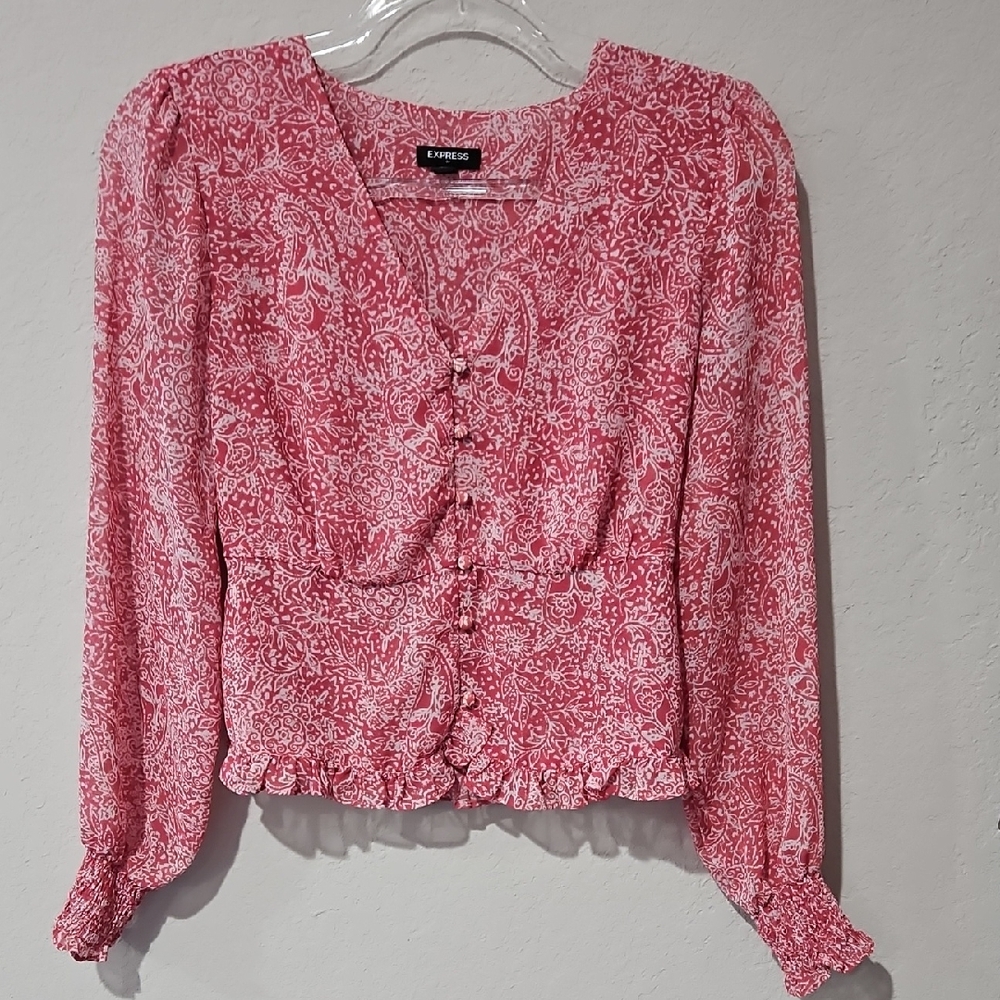EUC Express Women's Floral Pink And White Blouse
